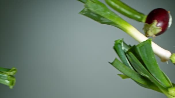 Super pomalý pohyb záběr létající zeleniny izolované na šedém pozadí — Stock video