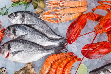 Ezilmiş buzda servis edilen taze deniz ürünleri.