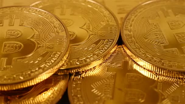 Gouden Bitcoins Mijnbouw Blockchain Technologie Concept Close — Stockvideo