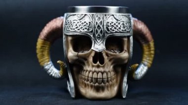 İnsan kafatası boynuzları olan metal kask içinde. yakın çekim