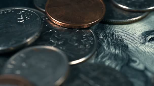 Макро Снимок Сотни Банкнот Монет Концепция Бизнеса — стоковое видео