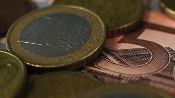 Monedas Oro Euros Billetes Cincuenta Euros Concepto Negocio — Vídeos de Stock