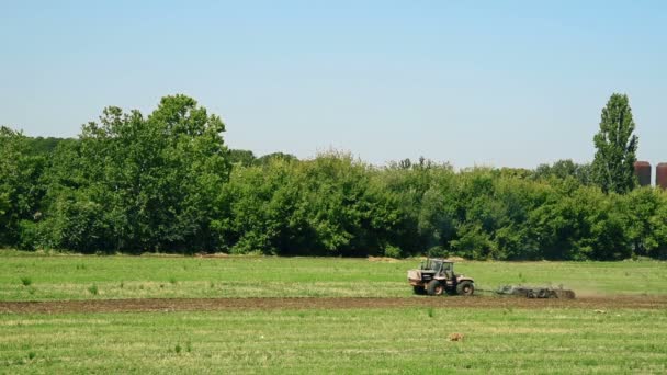 晴れた秋の日の間にトラクター栽培フィールド 農業コンセプト — ストック動画