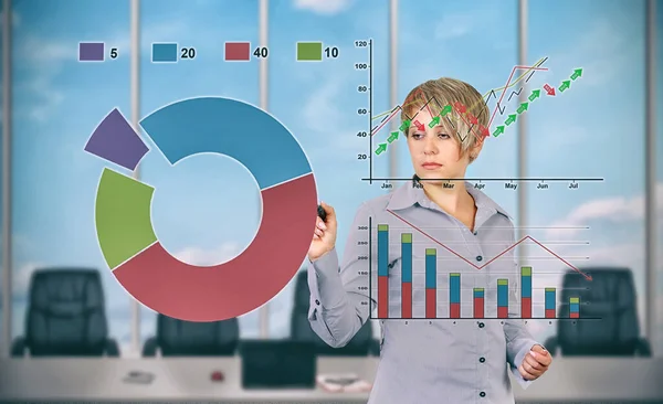 オフィスの仮想画面上で株式チャートインターフェイスを描画ビジネス女性 ビジネスと金融統計の概念 閉じろ — ストック写真