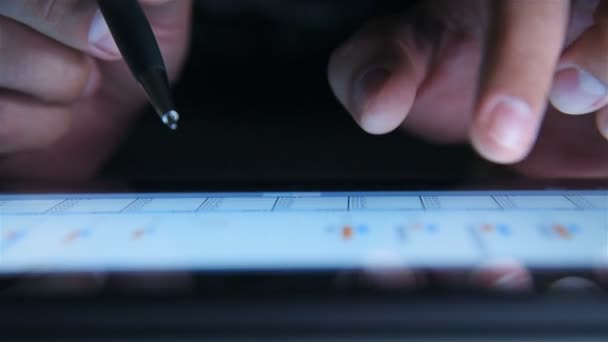 Zakenman Hand Met Pen Analyseren Van Het Jaarverslag Digitale Tabletcomputer — Stockvideo