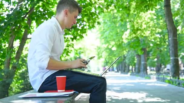 Uomo Affari Con Computer Portatile Seduto Nel Parco Utilizzando Smart — Video Stock