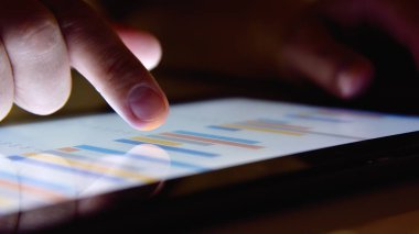 Gece ofisinde çalışan bir işadamı ve ekranda borsa raporuyla dijital tablet kullanıyor. Finans ve ticaret konsepti. Kapat.