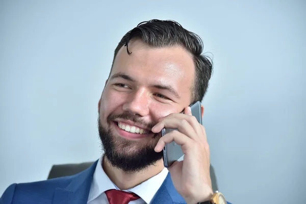 Happy Bearded Businessman Talking Phone Office Occupation Worker Concept — Stock Photo, Image