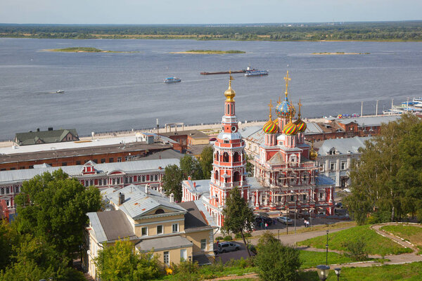 Nizhny Novgorod, Russia - Aug 15, 2018: The Church Of The Cathedral Of The Blessed Virgin Mary, Volga river