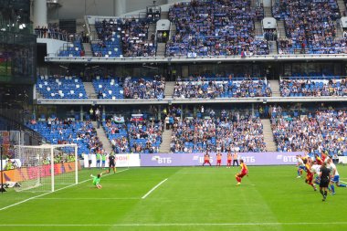 Moskova, Rusya - 26 Mayıs 2019: Vtb arena. Moskova'daki Dinamo Stadyumu'nun açılış maçı. Dinamo Moskova vs Arsenal Tula. Dinamo kapılarında penaltı vuruşu. Kaleci Anton Shunin.