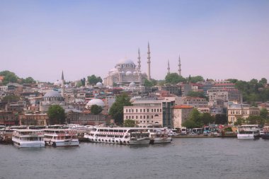 İstanbul, Türkiye - 15 Mayıs 2019: Boğaz, su gemileri, İstanbul manzarası, arka planda cami