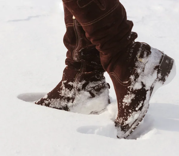 冬天白雪覆盖的褐色女装鞋 — 图库照片