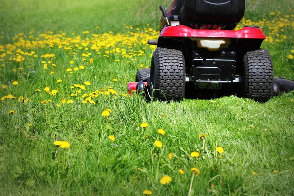 Tractor lawn mower cutting the grass in springtime — Stock Photo, Image