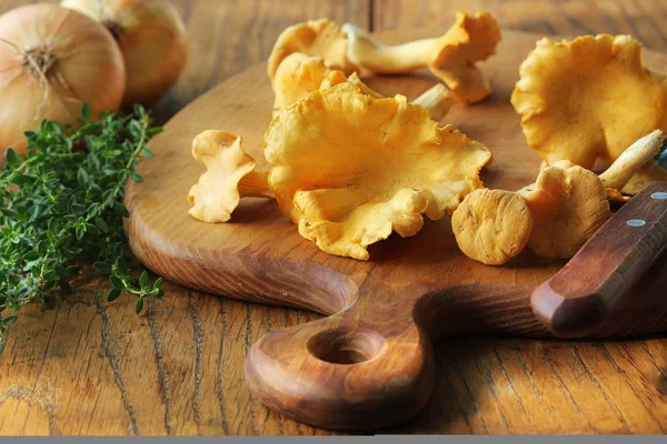 Ruwe wilde hanenkam paddestoelen redy voor het koken. Samenstelling met wilde paddestoelen, kruiden, UI — Stockfoto