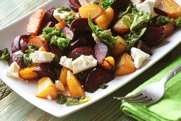 Fresh Beet Salad Feta Cheese Fried Cabbage Kale — Stock Photo, Image