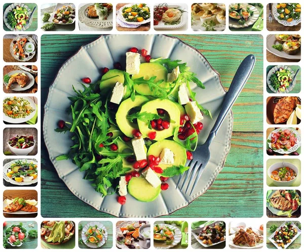 Collage Van Fitness Voedsel Gezond Ontbijt Set Vegetarische Voedzame Salade — Stockfoto