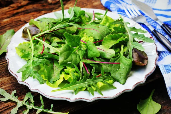 Nové listy novozélandského špenátu, arugula, hlávkového salátu, salámy pro salát na tmavém dřevěném pozadí. Pohled shora — Stock fotografie