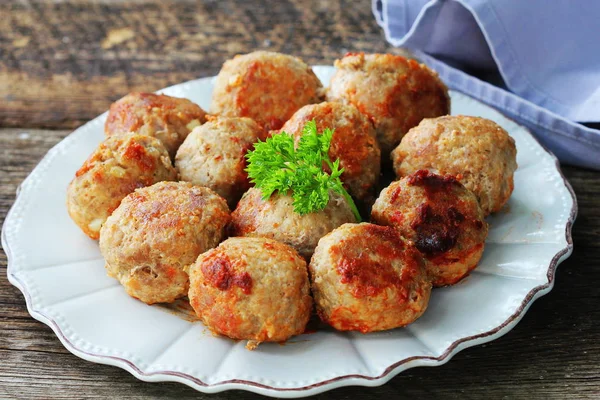 Fried meat ball, delicious meat cutlets on rustic dark table — Stock Photo, Image