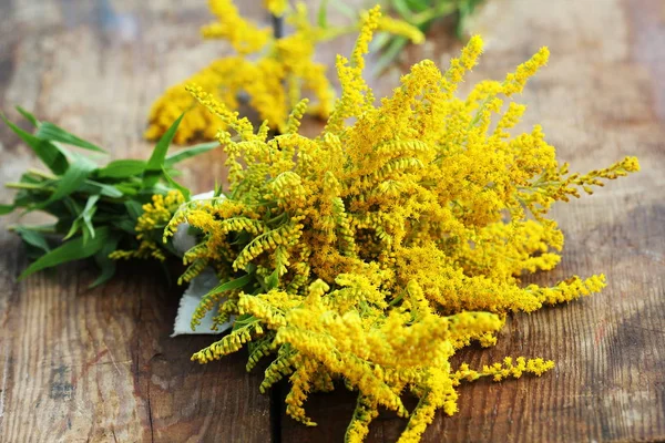 Bunch of yellow Solidago Goldenmosa or Goldenrod on wooden background — Stock Photo, Image