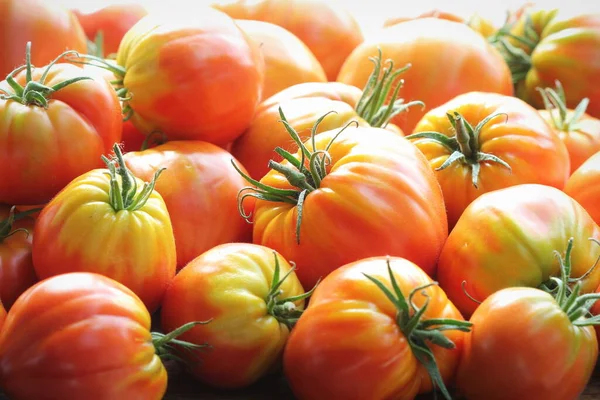 Φρέσκες ντομάτες κειμήλιο φόντο, βιολογικά προϊόντα σε μια αγορά αγροτών — Φωτογραφία Αρχείου