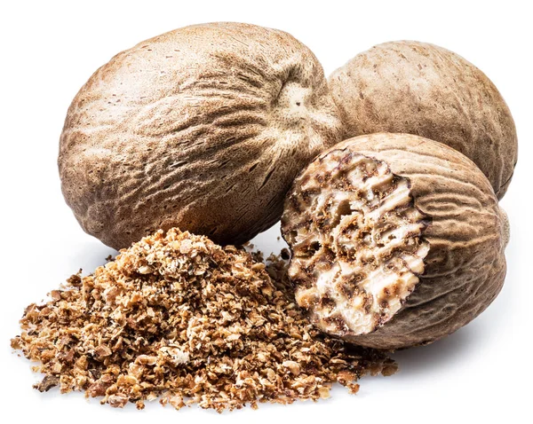 Dried Seeds Fragrant Nutmeg Grated Nutmeg Isolated White Background — Stock Photo, Image