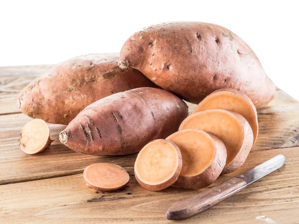 Zoete Aardappelen Oude Houten Tafel — Stockfoto