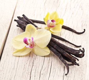 Kurutulmuş vanilya kabukları ve orkide vanilya çiçekleri ahşap arka planda.