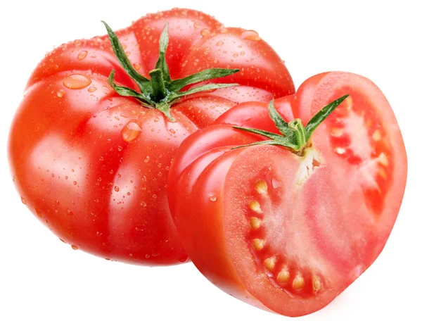 Reife Tomaten Und Die Hälfte Der Tomate Mit Wassertropfen Weißer — Stockfoto