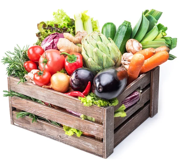 Fresh Multi Colored Vegetables Wooden Crate White Background — Stock Photo, Image