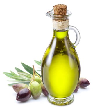Bottle of olive oil and olive berries on white background. clipart