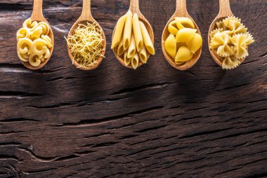 Masadaki tahta kaşıklarda farklı makarna tipleri. Üst görünüm.