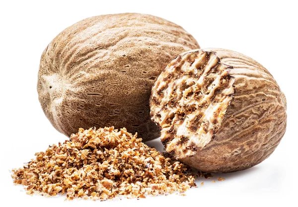 Dried Seeds Fragrant Nutmeg Grated Nutmeg Isolated White Background — Stock Photo, Image