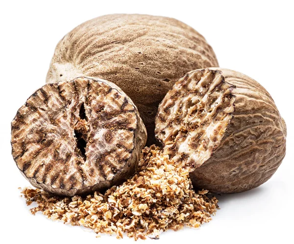 Dried Seeds Fragrant Nutmeg Grated Nutmeg Isolated White Background — Stock Photo, Image