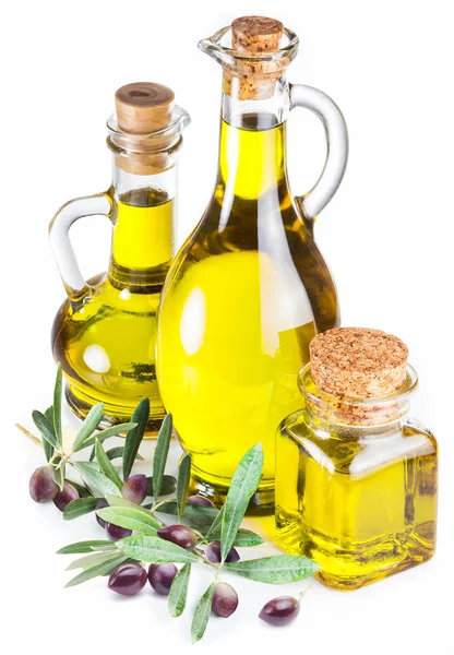 Bottles Olive Oil Olive Berries White Background — Stock Photo, Image