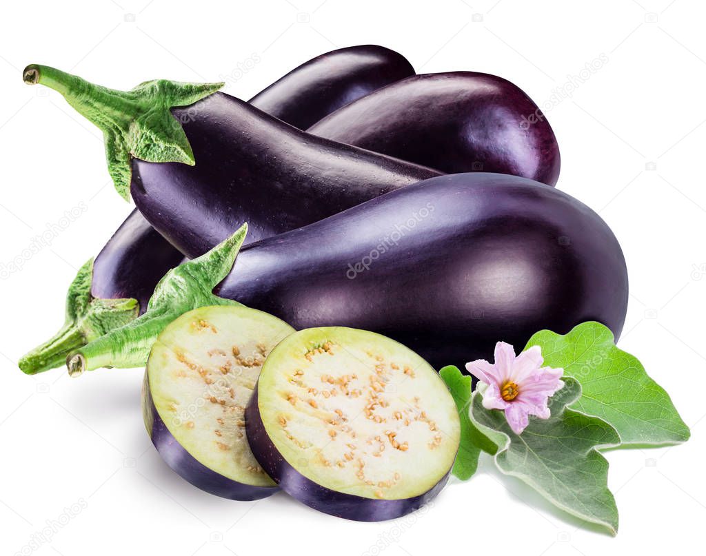 Aubergine or eggplant with aubergine flower and leaves on white background.