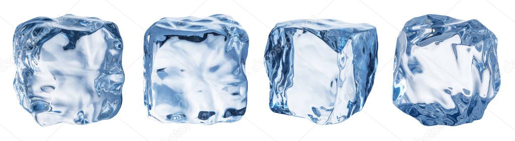 Set of four different ice cube faces. Macro shot of ice cubes. Clipping path.