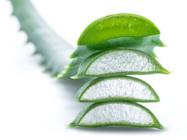 Aloe ya da Aloe vera beyaz arka planda taze yapraklar ve dilimler.