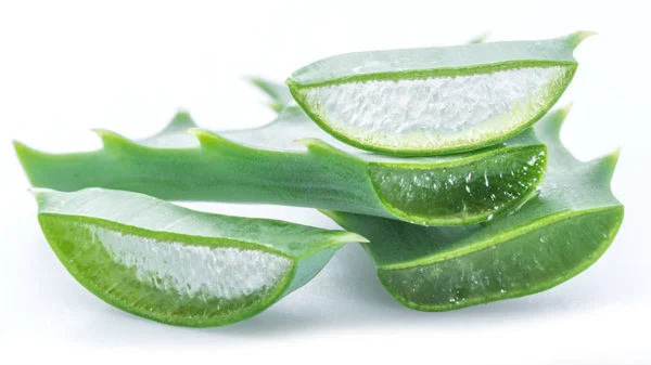 Aloe Aloe Vera Φρέσκα Φύλλα Και Φέτες Λευκό Φόντο — Φωτογραφία Αρχείου