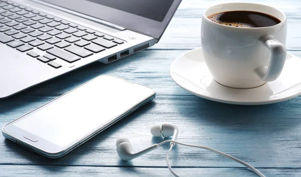 Coffee Break Office Table Different Gadgets Top View — Stock Photo, Image