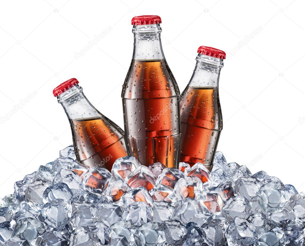 Bottles of Cola or Coke in the ice cubes.
