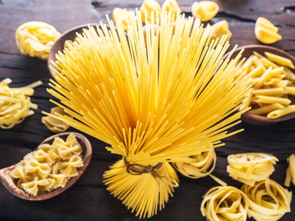 Different Pasta Types Wooden Table Top View — Stock Photo, Image