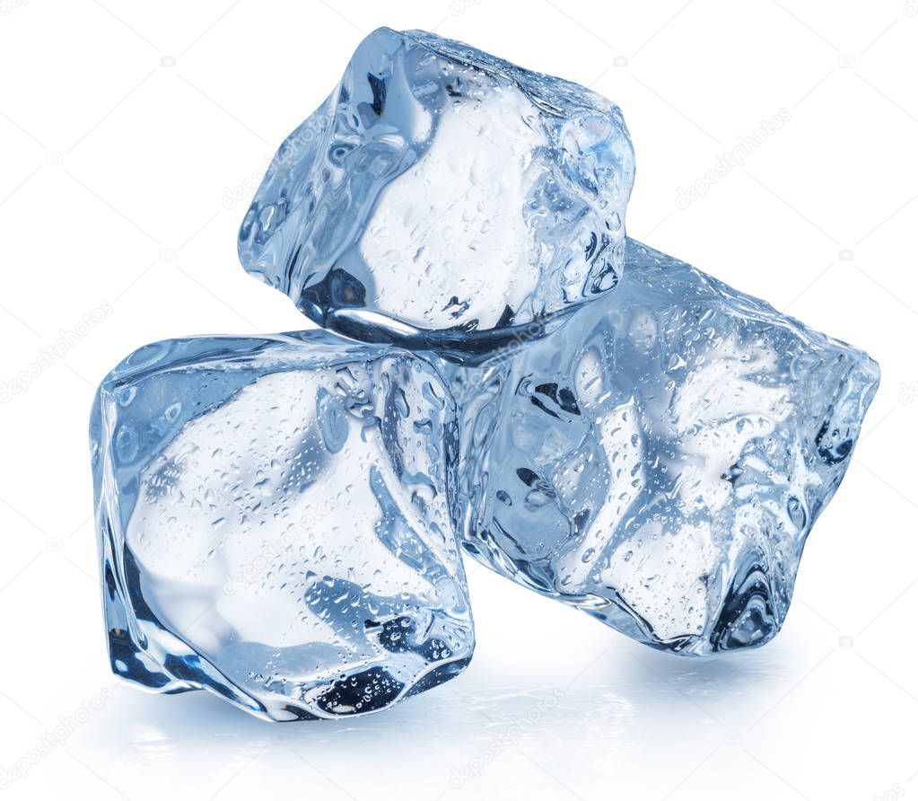 Three ice cubes with water drops. Macro shot. Clipping path.