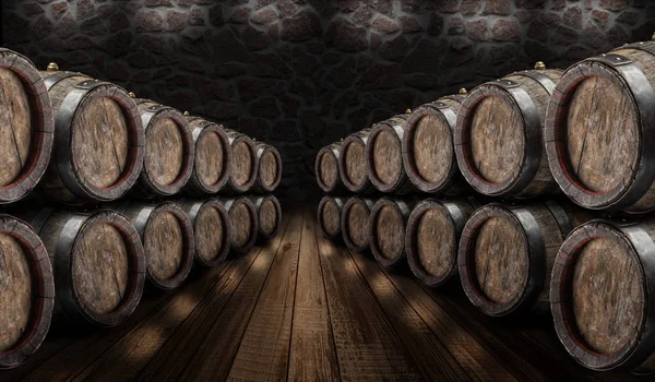 Oak Wine Barrels Wine Cellar Old Stone Wall Background — Stock Photo, Image