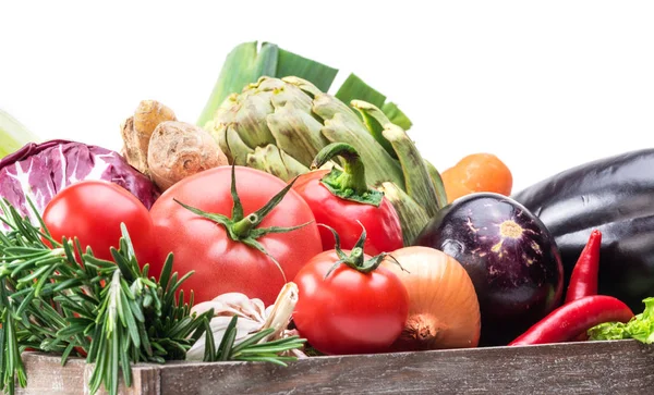 Legumes Frescos Multi Coloridos Caixa Madeira — Fotografia de Stock