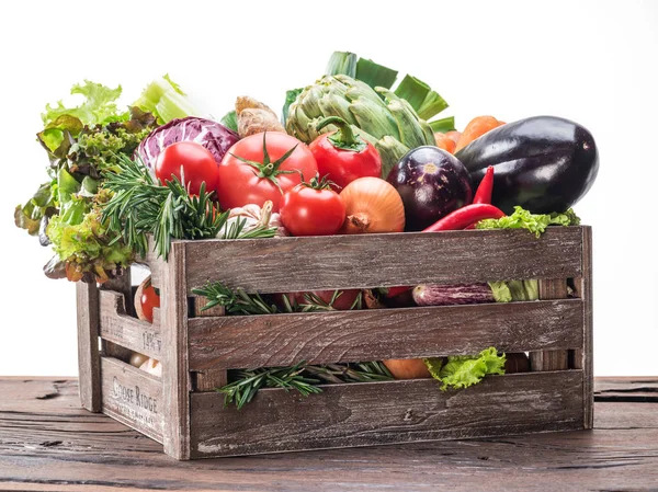 Légumes Frais Multicolores Dans Une Caisse Bois — Photo