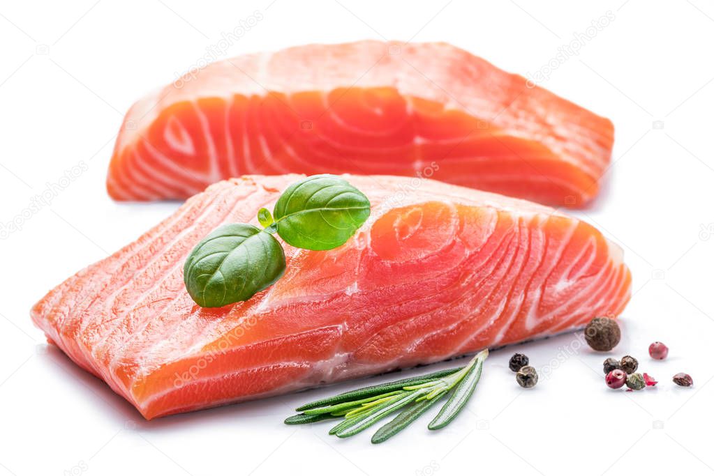 Fresh raw salmon fillets with herbs and spices isolated on white background.