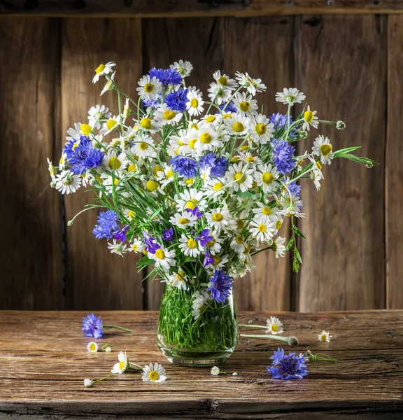 Chamomiles ve Peygamber ahşap masa üzerinde vazoda oluşan.
