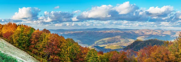 Panorama Kolorowych Drzew Górach Jesieni Błękitne Niebo Pochmurne — Zdjęcie stockowe