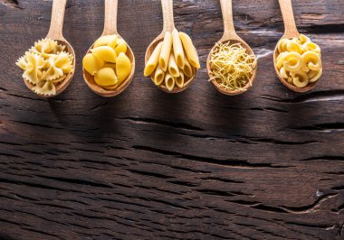 Masadaki tahta kaşıklarda farklı makarna tipleri. Üst görünüm.