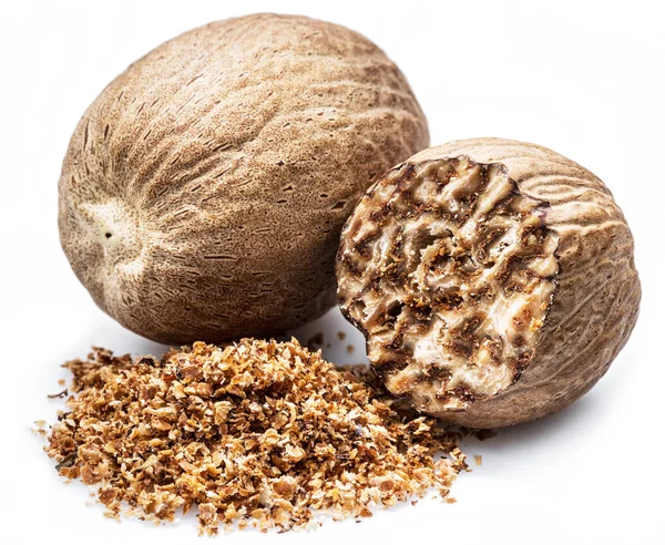 Dried Seeds Fragrant Nutmeg Grated Nutmeg Isolated White Background — Stock Photo, Image
